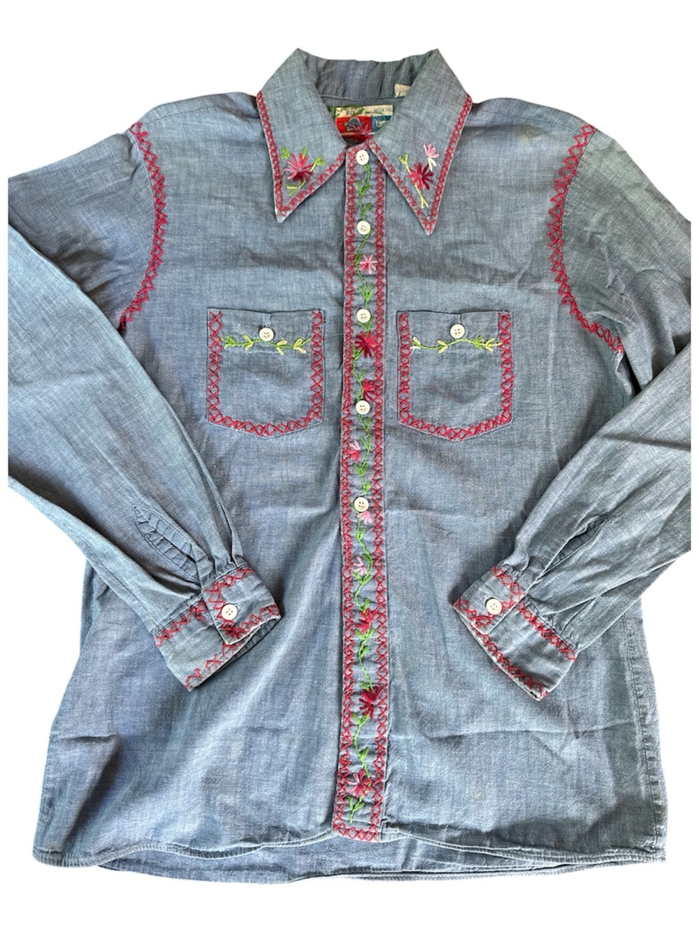 Sears Vintage custom hand embroidered 70’s chambray button down